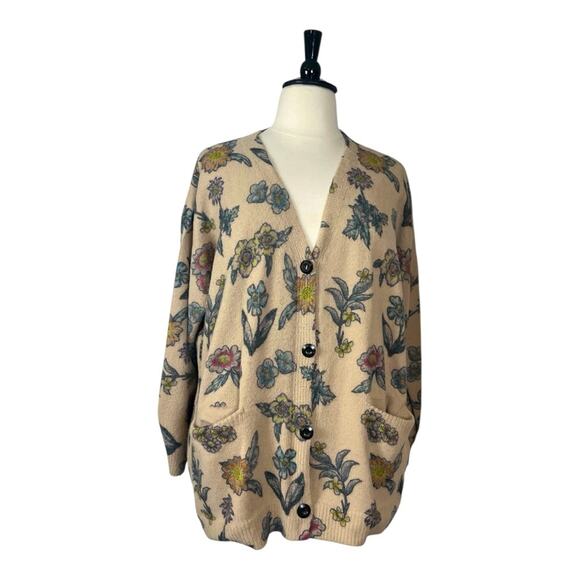 Yesno Cardigan Sweater Oversize V-neck Button Front Tan Floral Women’s Size 3X - Picture 1 of 9